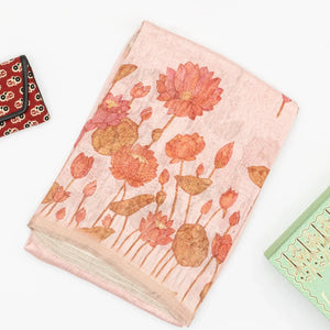 Baby Pink Handwoven Linen Saree Printed With Floral Motifs