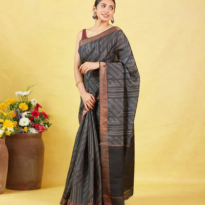 Black Handloom Tussar Silk Saree With Printed Stripes Motifs