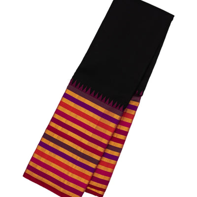 Black Handloom Kanchipuram Korvai Silk Saree With Multi Stripe Border
