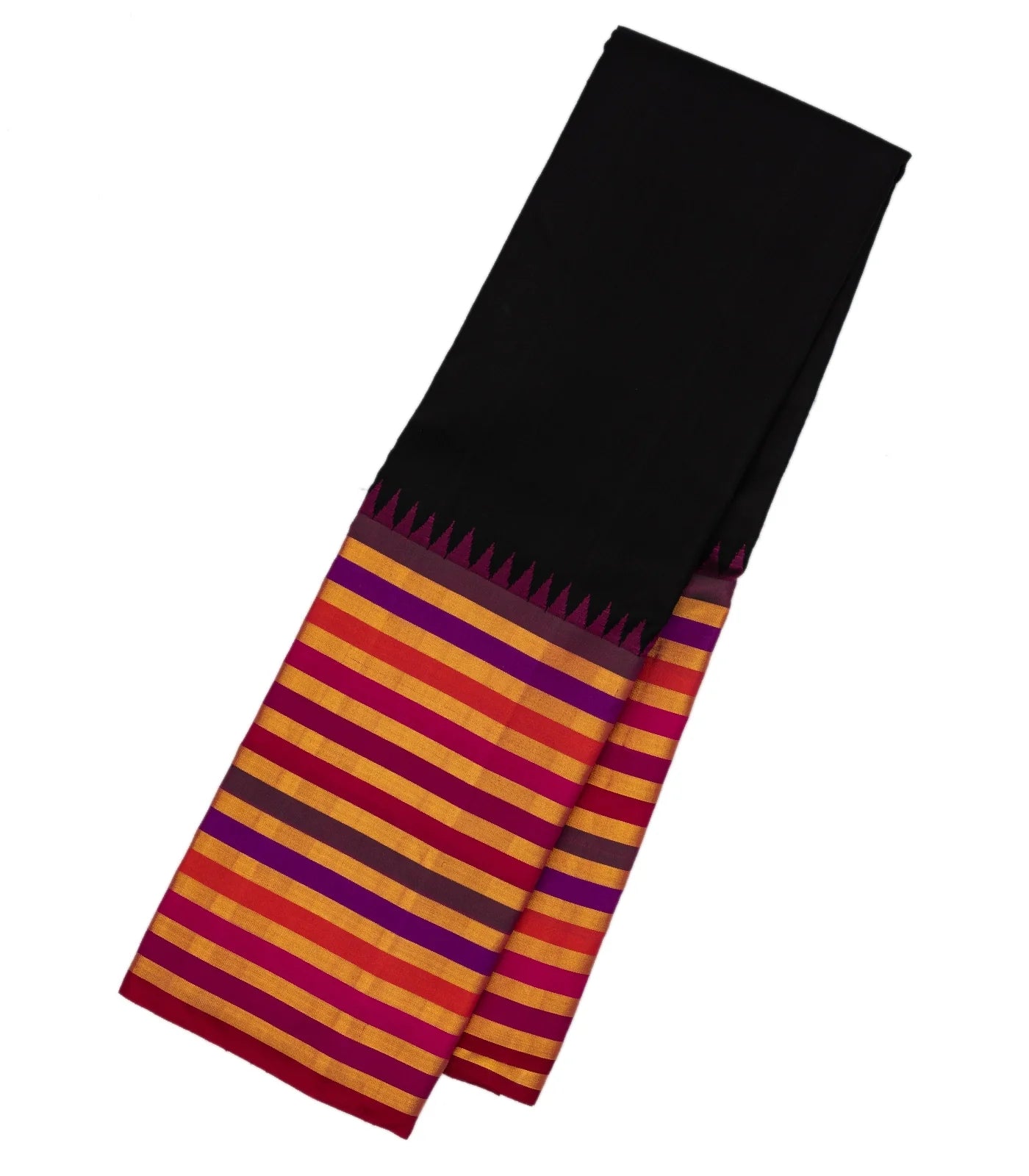 Black Handloom Kanchipuram Korvai Silk Saree With Multi Stripe Border