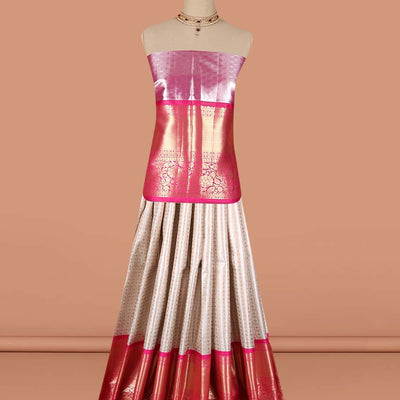 Cream checked with floral design art-silk half saree, contrast traditional zari border, zari design blouse & intricate dhavani
