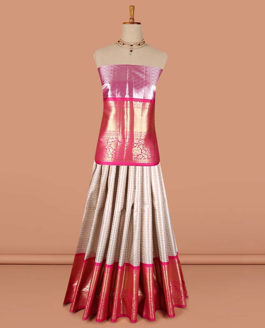 Cream checked with floral design art-silk half saree, contrast traditional zari border, zari design blouse & intricate dhavani