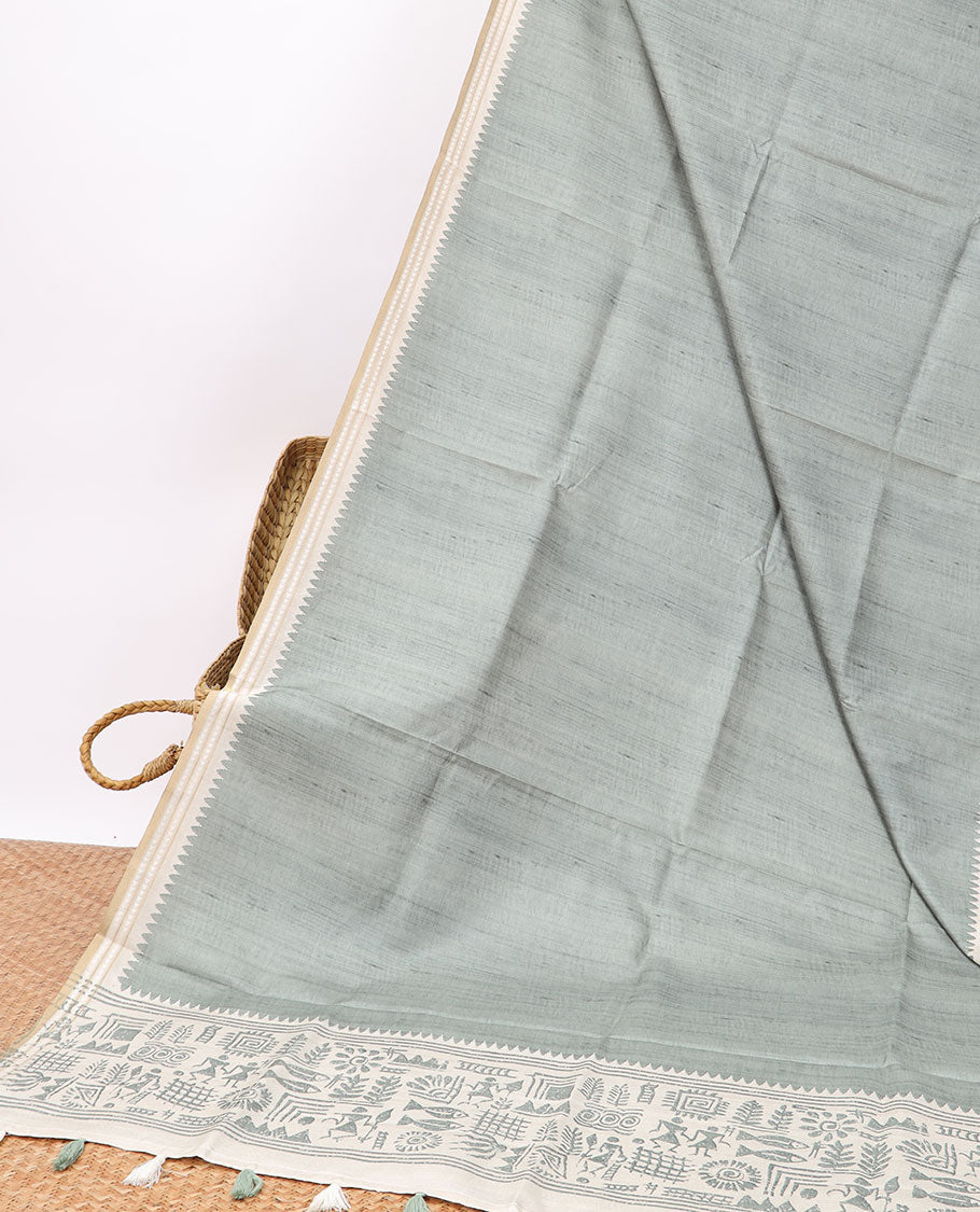 Green semi-banaras tussar saree with contrast striped border & egypt theme pallu
