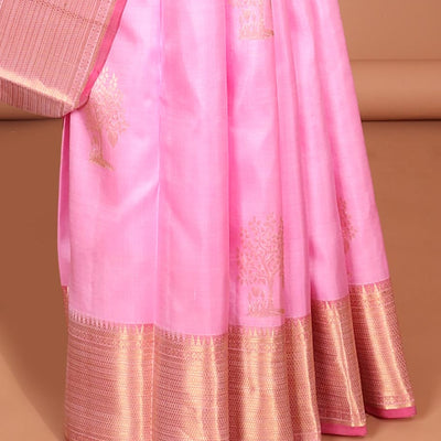Pink zari buttas silk saree, contrast border of traditional designs & jaal pallu
