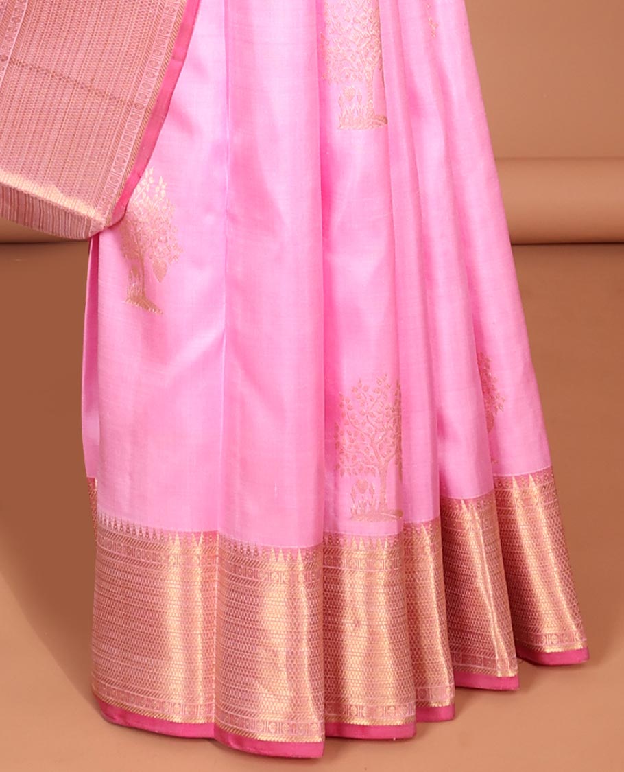 Pink zari buttas silk saree, contrast border of traditional designs & jaal pallu