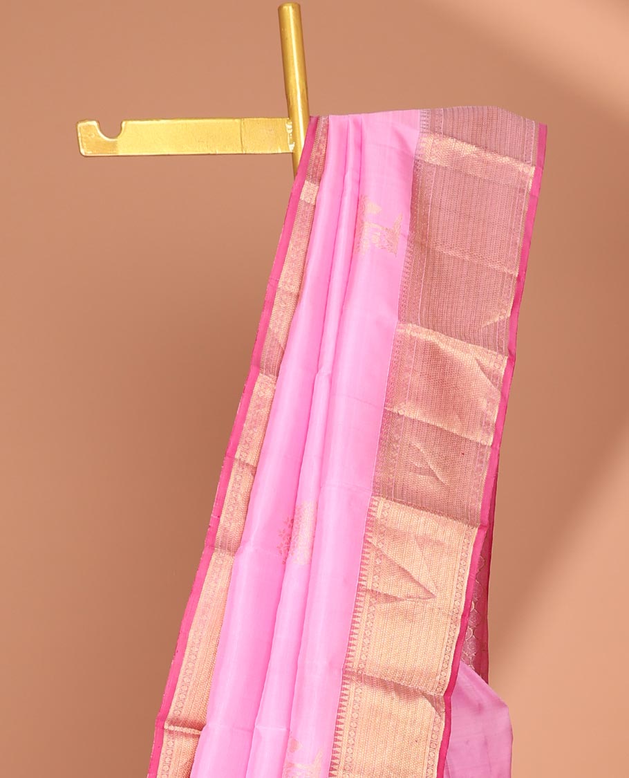 Pink zari buttas silk saree, contrast border of traditional designs & jaal pallu
