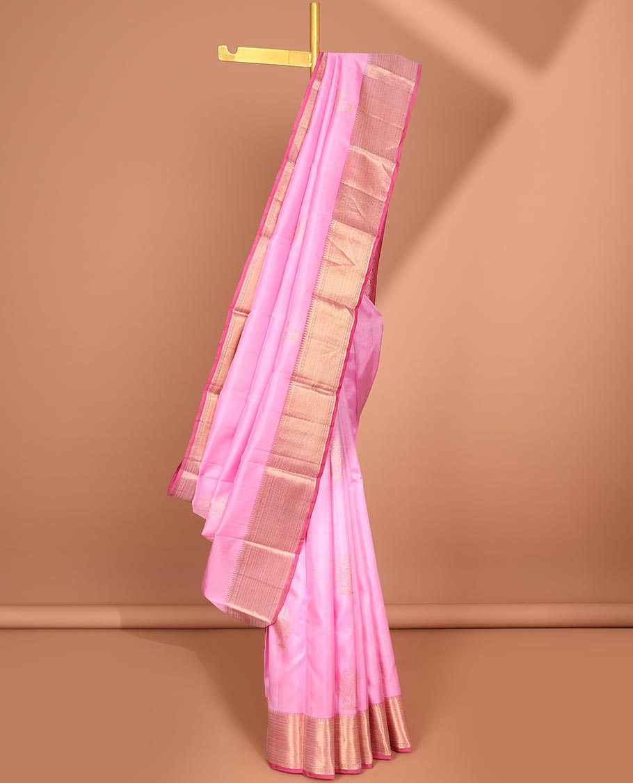 Pink zari buttas silk saree, contrast border of traditional designs & jaal pallu
