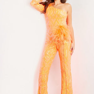 Jovani 23026 Sequin Feather Long Beaded Formal Jumpsuit