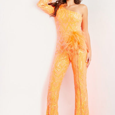 Jovani 23026 Sequin Feather Long Beaded Formal Jumpsuit