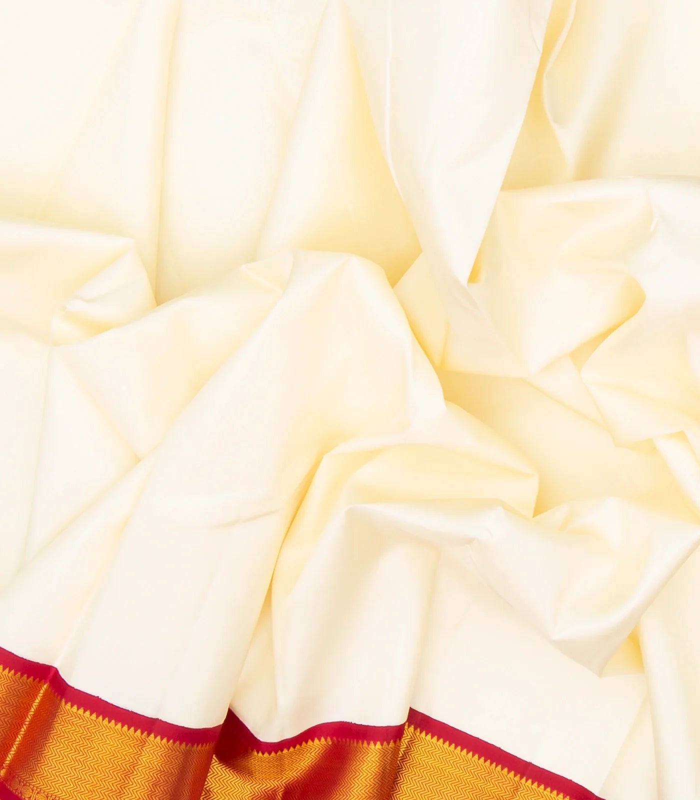 White Handloom Kanchipuram Korvai Silk Saree With Green & Red Border