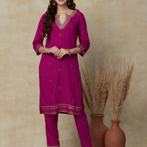 Floral & Ethnic Khari Printed Zari Embroidered Kurta with Pants - Pink