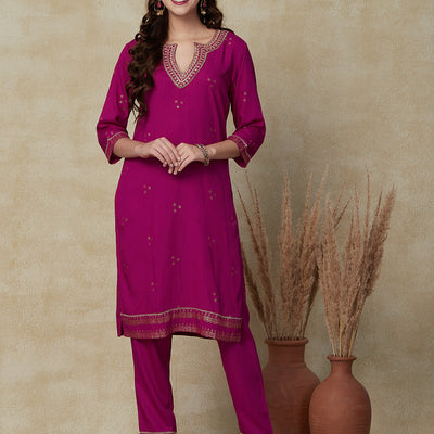 Floral & Ethnic Khari Printed Zari Embroidered Kurta with Pants - Pink