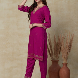 Floral & Ethnic Khari Printed Zari Embroidered Kurta with Pants - Pink