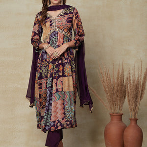 Multi Printed Gotapatti & Mirror Embroidered High Slit Kurta with Pants & Dupatta - Dark Mauve