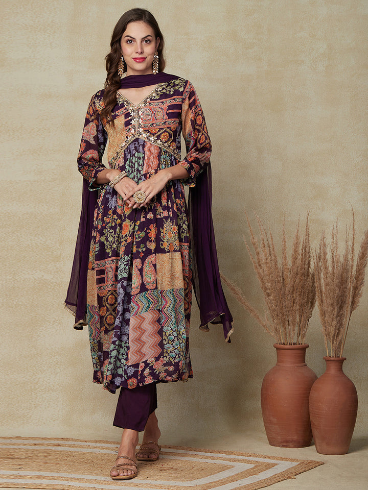 Multi Printed Gotapatti & Mirror Embroidered High Slit Kurta with Pants & Dupatta - Dark Mauve