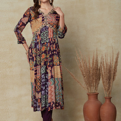 Multi Printed Gotapatti & Mirror Embroidered High Slit Kurta with Pants & Dupatta - Dark Mauve