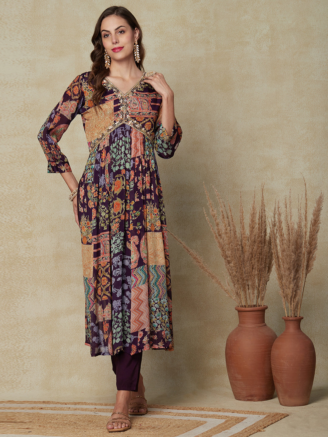 Multi Printed Gotapatti & Mirror Embroidered High Slit Kurta with Pants & Dupatta - Dark Mauve