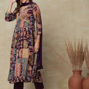 Multi Printed Gotapatti & Mirror Embroidered High Slit Kurta with Pants & Dupatta - Dark Mauve