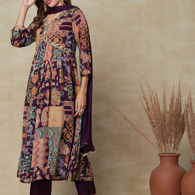Multi Printed Gotapatti & Mirror Embroidered High Slit Kurta with Pants & Dupatta - Dark Mauve