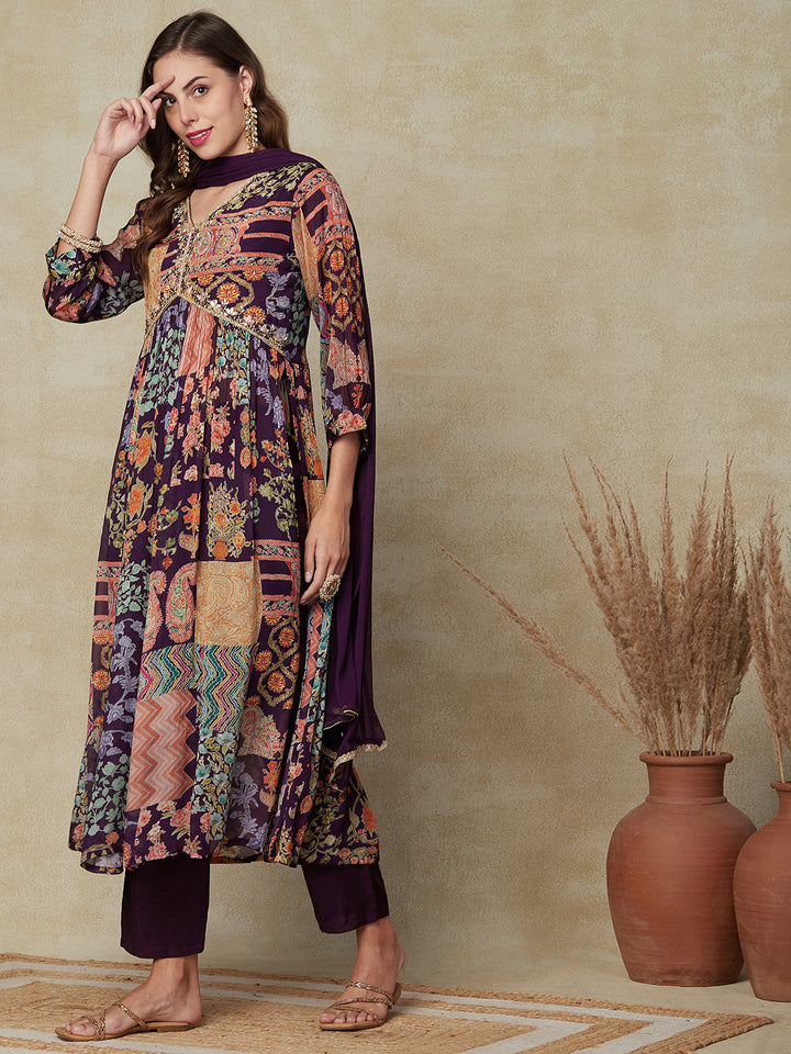 Multi Printed Gotapatti & Mirror Embroidered High Slit Kurta with Pants & Dupatta - Dark Mauve