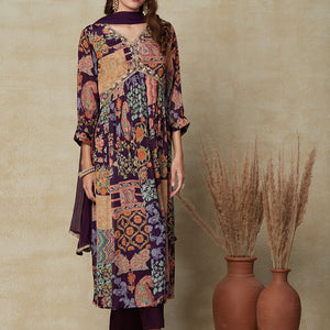 Multi Printed Gotapatti & Mirror Embroidered High Slit Kurta with Pants & Dupatta - Dark Mauve