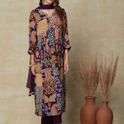 Multi Printed Gotapatti & Mirror Embroidered High Slit Kurta with Pants & Dupatta - Dark Mauve
