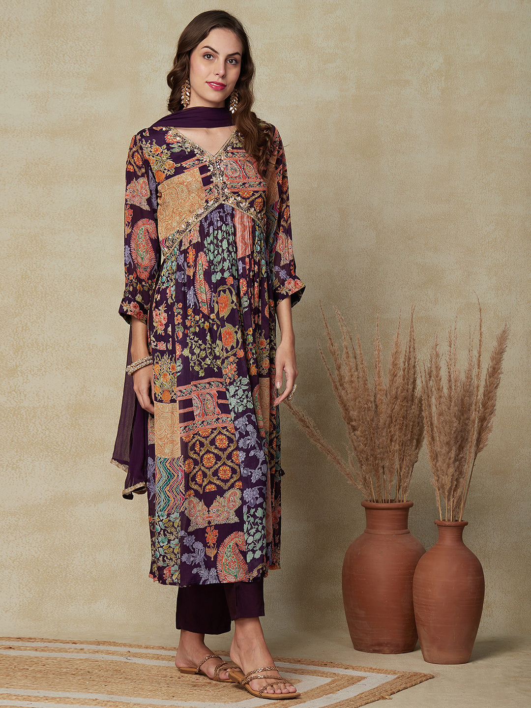 Multi Printed Gotapatti & Mirror Embroidered High Slit Kurta with Pants & Dupatta - Dark Mauve