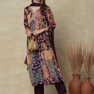 Multi Printed Gotapatti & Mirror Embroidered High Slit Kurta with Pants & Dupatta - Dark Mauve
