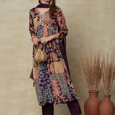 Multi Printed Gotapatti & Mirror Embroidered High Slit Kurta with Pants & Dupatta - Dark Mauve