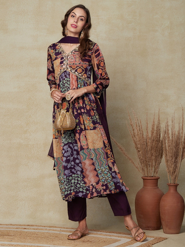 Multi Printed Gotapatti & Mirror Embroidered High Slit Kurta with Pants & Dupatta - Dark Mauve