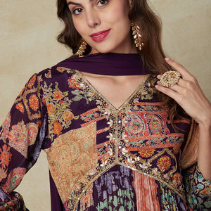 Multi Printed Gotapatti & Mirror Embroidered High Slit Kurta with Pants & Dupatta - Dark Mauve