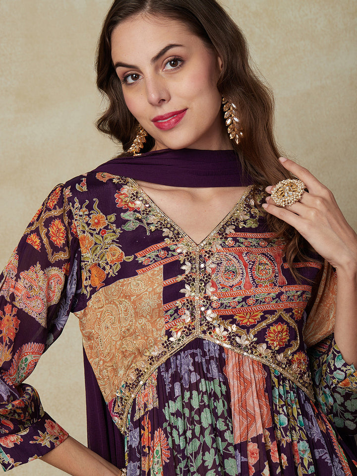 Multi Printed Gotapatti & Mirror Embroidered High Slit Kurta with Pants & Dupatta - Dark Mauve