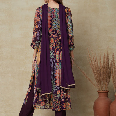 Multi Printed Gotapatti & Mirror Embroidered High Slit Kurta with Pants & Dupatta - Dark Mauve