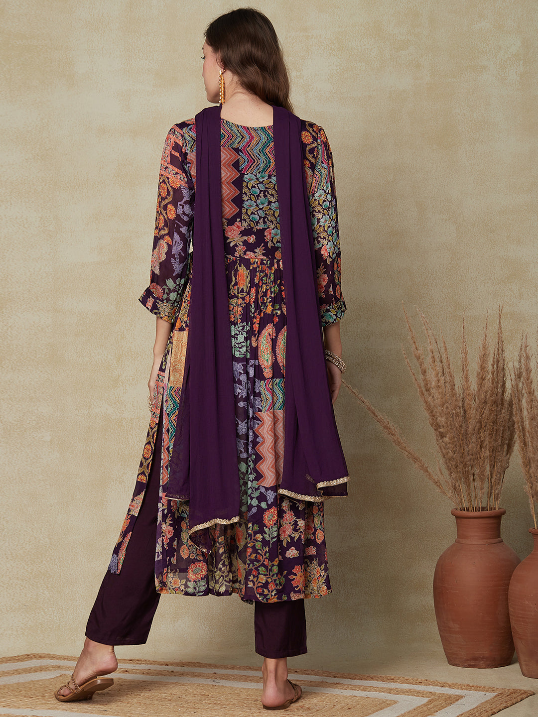 Multi Printed Gotapatti & Mirror Embroidered High Slit Kurta with Pants & Dupatta - Dark Mauve