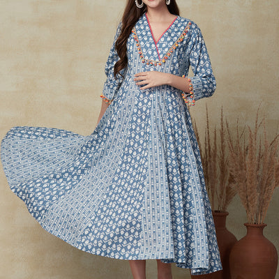 Ethnic & Stripes Printed Anarkali Flared Maxi Dress - Blue