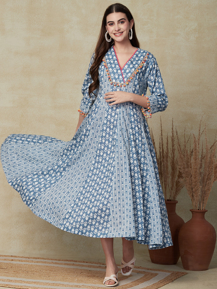 Ethnic & Stripes Printed Anarkali Flared Maxi Dress - Blue