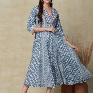 Ethnic & Stripes Printed Anarkali Flared Maxi Dress - Blue
