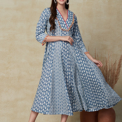 Ethnic & Stripes Printed Anarkali Flared Maxi Dress - Blue