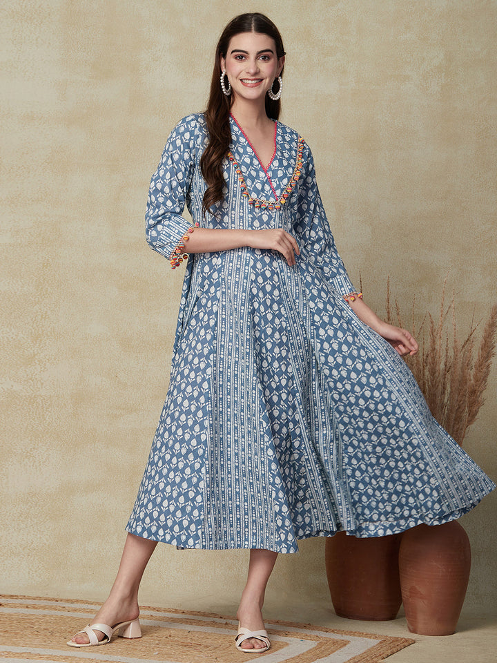 Ethnic & Stripes Printed Anarkali Flared Maxi Dress - Blue