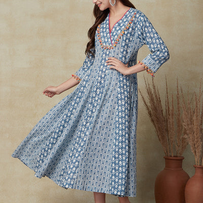 Ethnic & Stripes Printed Anarkali Flared Maxi Dress - Blue