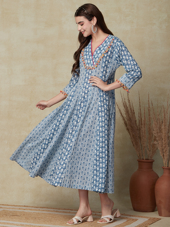 Ethnic & Stripes Printed Anarkali Flared Maxi Dress - Blue