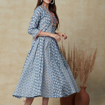 Ethnic & Stripes Printed Anarkali Flared Maxi Dress - Blue