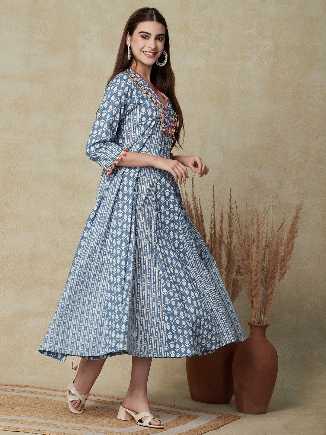 Ethnic & Stripes Printed Anarkali Flared Maxi Dress - Blue