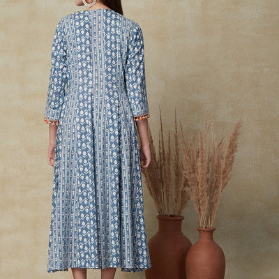 Ethnic & Stripes Printed Anarkali Flared Maxi Dress - Blue