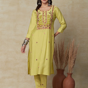 Solid Floral Hand Embroidered Straight Fit Kurta - Yellow