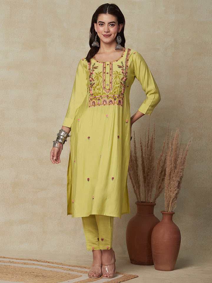 Solid Floral Hand Embroidered Straight Fit Kurta - Yellow