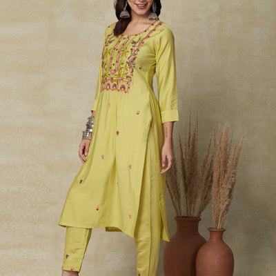 Solid Floral Hand Embroidered Straight Fit Kurta - Yellow