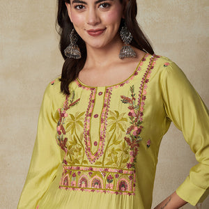 Solid Floral Hand Embroidered Straight Fit Kurta - Yellow
