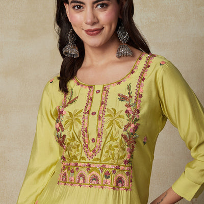 Solid Floral Hand Embroidered Straight Fit Kurta - Yellow
