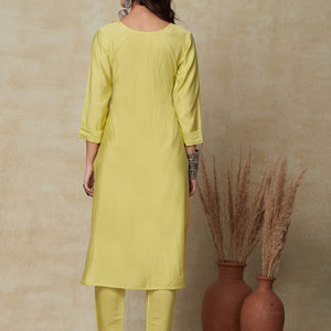 Solid Floral Hand Embroidered Straight Fit Kurta - Yellow